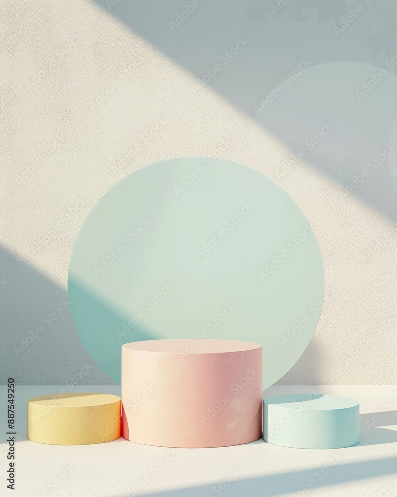 Aufkleber Minimalist Multicolored Circular Podium on a Soft White Background with Gentle Shadows for Product Display