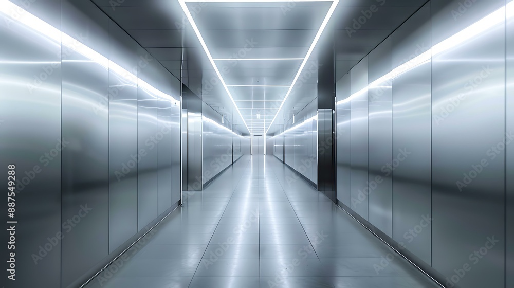 Poster an endless corridor with a minimalist design, featuring seamless metallic panels and pulsating led l