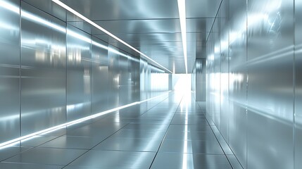 Obraz premium An endless corridor with a minimalist design, featuring seamless metallic panels and pulsating LED lights embedded in the floor and ceiling