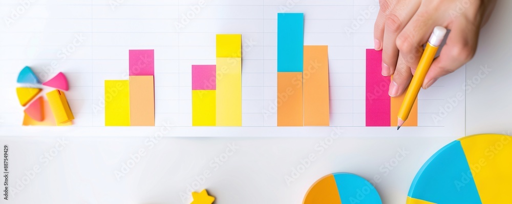 Poster financial documents with colorful bar and pie charts spread out on a desk, with a consultant's hand 