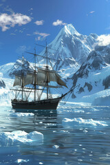 Obraz premium Sailing ship amidst icy waters with snowcapped mountains in the background.