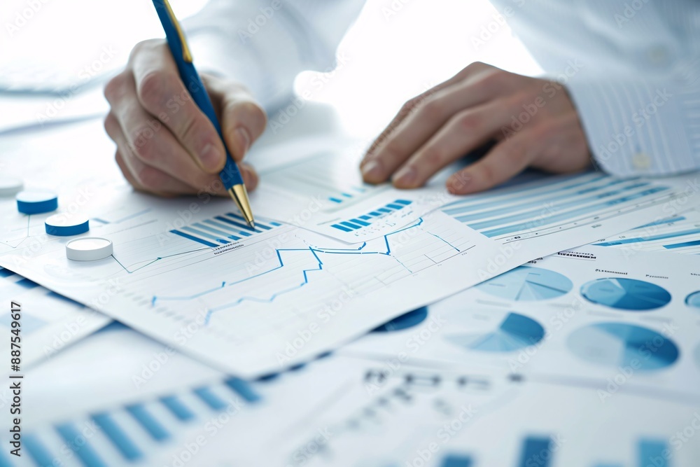Poster financial analysis documents with charts spread across a table, with a consultant making notes, and 