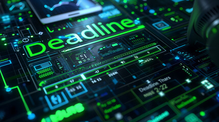 Abstract digital interface with glowing green "Deadline" text against a dark background