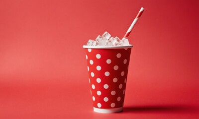 Red polka dot cup filled with ice and a striped straw on red background