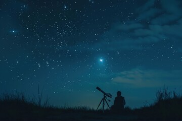 A clear night sky with a person using a telescope, set up in an open field, with stars twinkling above and a sense of wonder