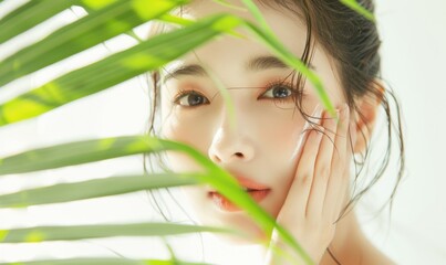 Naklejka premium Summer Beauty Model with Korean Makeup Demonstrating Sunscreen Application, Clean White Background with Plant Decor, Skincare and Cosmetic Marketing Campaign Banner, AI-Generated High-Definition Wallp