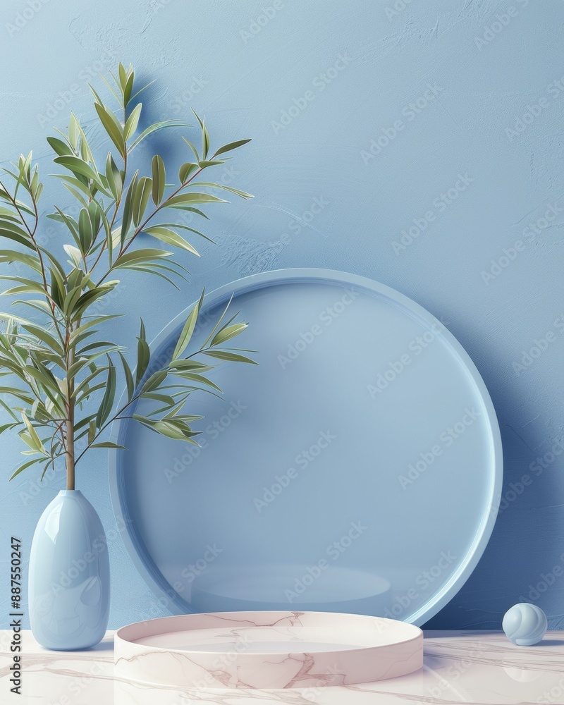 Aufkleber serene elegance in abstract mockup empty vibrant blue frame on white marble floor, ideal for brandin