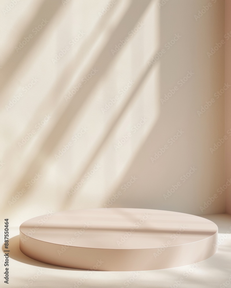Poster minimalist blue podium on soft white background with gentle shadows for product showcasing, modern m