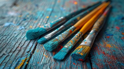 Obraz premium A Group Of Painting Brushes On A Wooden Textured Table, Organized And Professional, High Quality Background