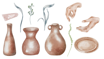 Pottery vases and modeling tools in watercolor illustration isolated. Set of ceramics items and women hands in pastel tone hand drawn. Floral elements in sketch. For ceramics handmade, modeling clay