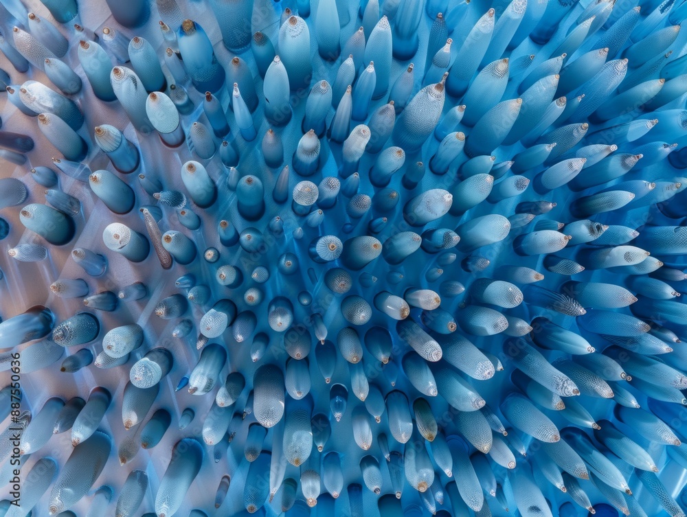 Poster symmetrical aerial view of vibrant blue glass sculptures with geometric patterns and textured backgr