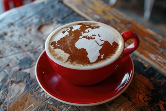 Earth themed cappuccino art in red cup.