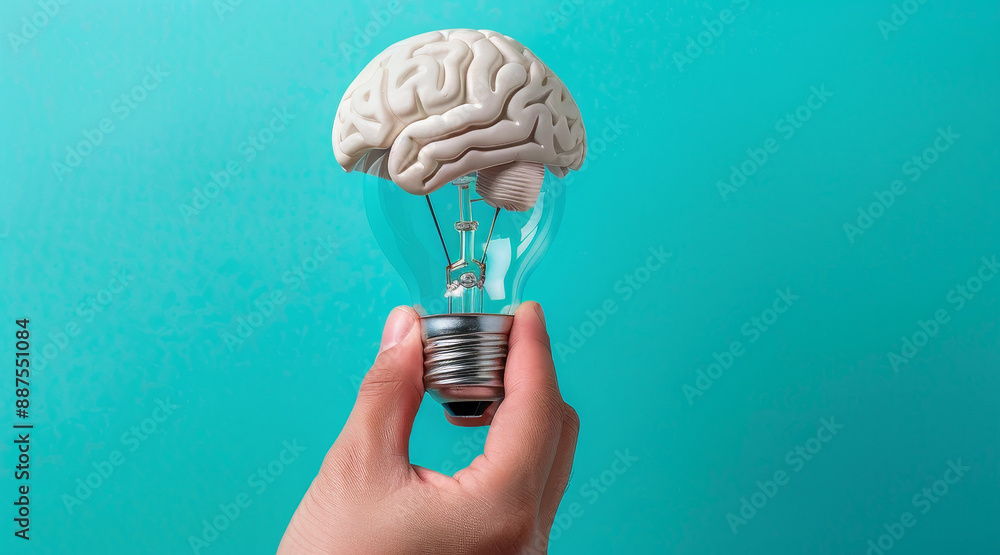 Aufkleber brain in a lightbulb: a metaphor for innovation and thought - a hand holds a lightbulb with a brain 