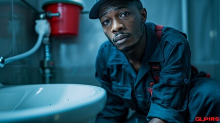 Professional plumber in work attire and cap repairing white pipes under bathroom sink