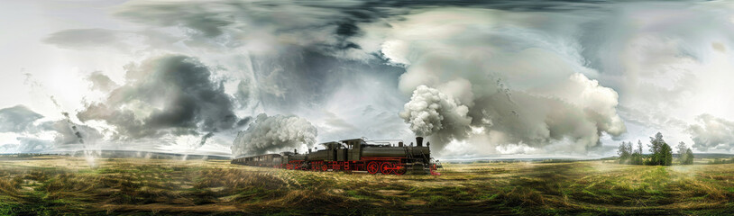 Fototapeta premium Steam Train in a Dramatic Landscape - A steam train chugs through a dramatic landscape with stormy clouds and a wide-open field.