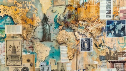 Naklejka premium Vintage Travel Collage with World Map