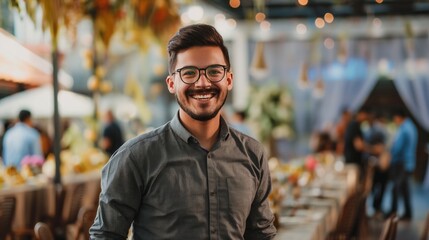 Fototapeta premium Male Event Coordinator with Confident Smile Wearing Neat Clothes Posing at Decorated Venue Demonstrating Expertise in Event Planning and Organization from Waist Up