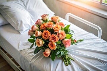 flower bouquet on patient bed. Passing away and consolation concept