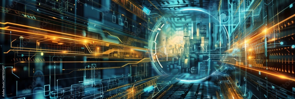 Poster abstract digital technology background - a digital illustration showing a complex network of glowing