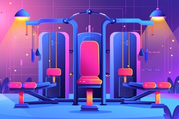 Colorful illustrated gym equipment with neon lights creating a vibrant and energetic atmosphere