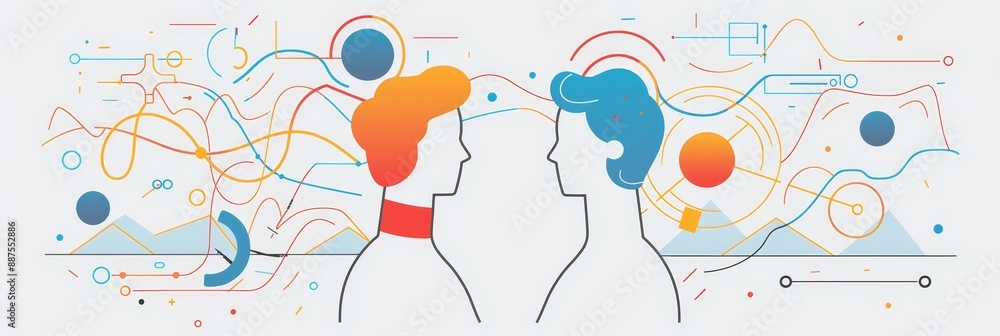 Poster abstract illustration of two people connecting through lines and shapes - an abstract illustration o