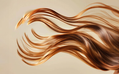 Long straight brown hair flowing in the wind on beige background