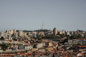 Obraz premium Panoramic view of city with tower visible from high vantage point
