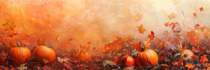Autumnal Pumpkin Patch with Falling Leaves - A close-up shot of pumpkins in a field surrounded by falling autumn leaves, creating a vibrant and colorful autumnal scene.