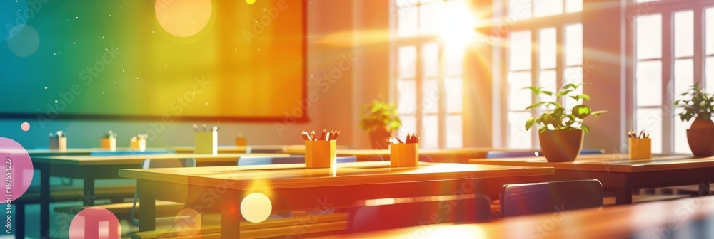 Poster classroom interior with sunlight and blurred lights - an empty classroom with desks and chairs. sunl