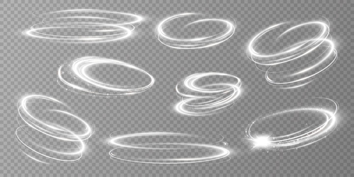 Glowing white spiral. Speed ​​abstract lines effect. Rotating shiny rings. Glowing circular lines. Glowing ring trail. Vector.	