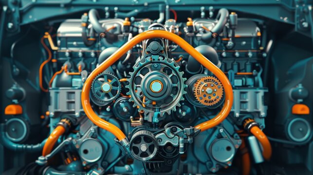 Symmetrically framed image of an operating car engine, oil moving through the machinery, captured with a nostalgic film texture to emphasize the mechanical elegance