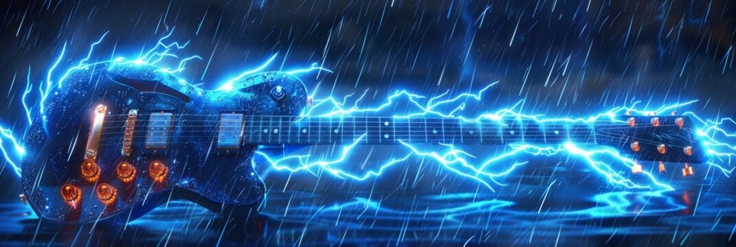 Electric Guitar in the Storm - A close-up of an electric guitar with lightning bolts around it in a stormy night