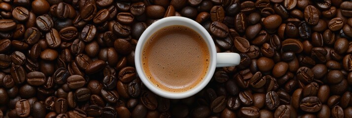 Fototapeta premium Espresso Coffee Cup on Coffee Beans - Top view of a small white cup filled with espresso on a background of roasted coffee beans.