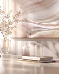 Elegant Interior Design Featuring Glassmorphism with Flowers and Modern Decor in Golden Morning Light