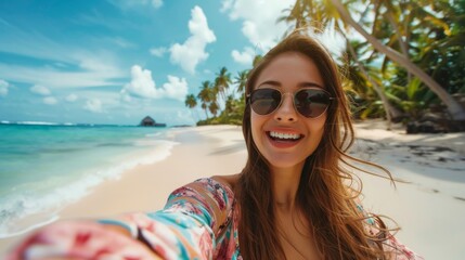Beautiful woman in sunglasses taking selfie photo on tropical beach