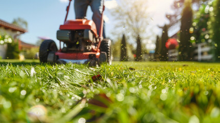 People cutting green grass with a lawnmower machine cutting grass outdoors in his backyard on a sunny summer afternoon, man doing house maintenance work and gardening