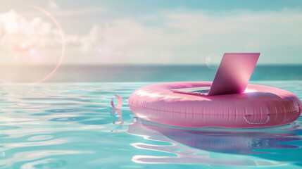 Laptop computer on a pool float in a swimming pool for people working during summer holidays , workaholic concept image with copy space