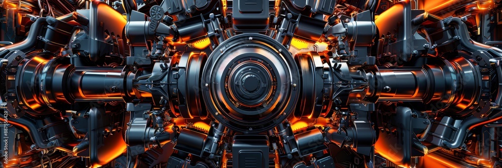 Poster intricate machine with glowing orange core - close-up shot of an intricate machine with a glowing or
