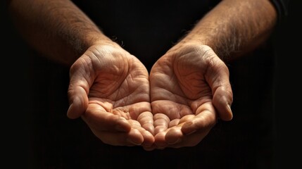 Close up of male hands begging or holding something over black background