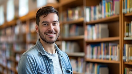 Fototapeta premium Dedicated Male Librarian Wearing Casual Clothes Smiling at the Camera with Bookshelves of Various Literature in the Background Highlighting His Commitment to Library Services