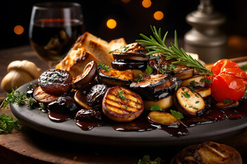 Fototapeta premium Charred eggplant slices adorned with fresh rosemary, drizzled in balsamic glaze, and served alongside crusty bread and red wine