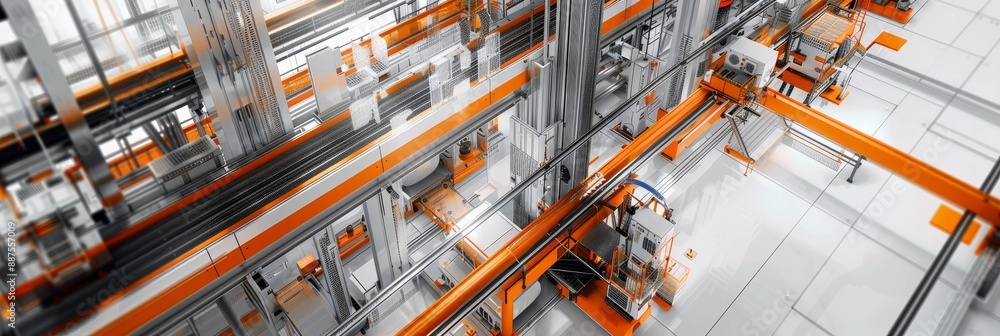 Poster modern industrial automation system - a close-up view of an automated industrial production line wit