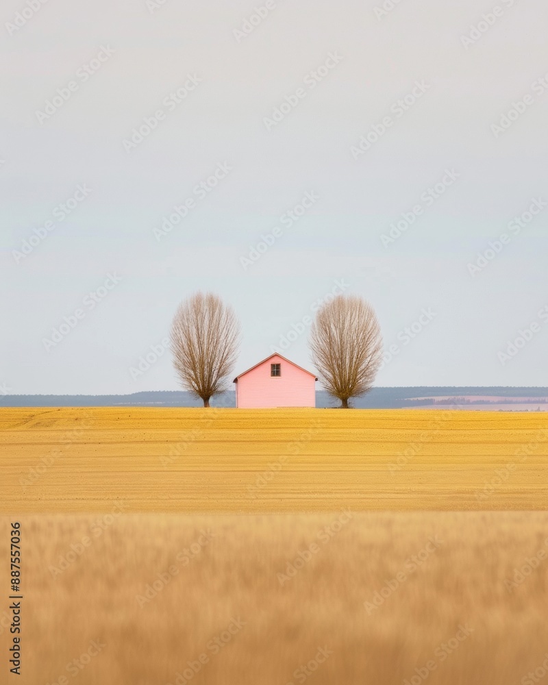 Poster Symmetrical Abstract Rural Scene Featuring Pastel Pink House and Yellow Field with Blurred Trees Captured Using Long Exposure Techniques