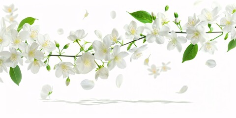 Lovely white jasmine blossoms floating in the air.