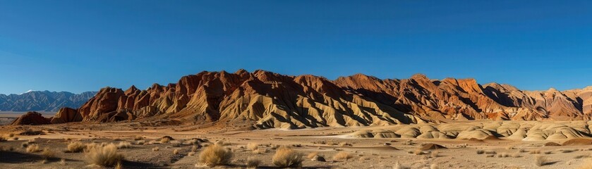 Naklejka premium Arid desert landscape with eroded rock formations under a blue sky with clouds.