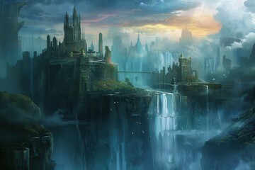Fototapeta premium Ancient metropolis floating above the clouds with waterfalls and airships