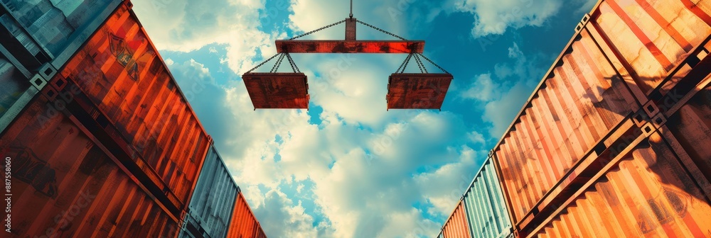 Poster shipping containers and crane scale - a crane scale hangs above shipping containers at a port. the s