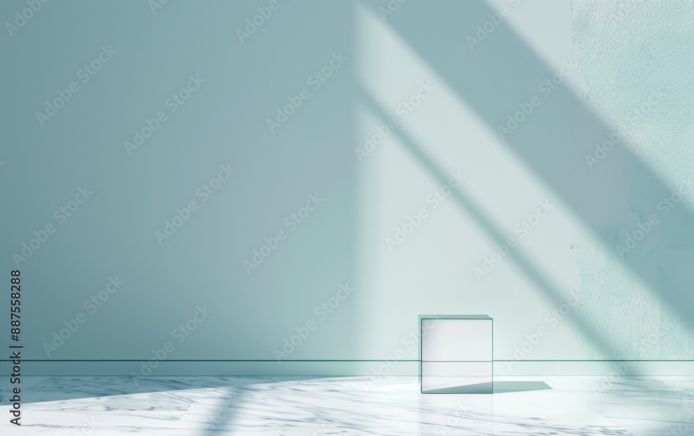 Poster serene interior with soft white wall and white marble floor in minimalist style with subtle shadows 