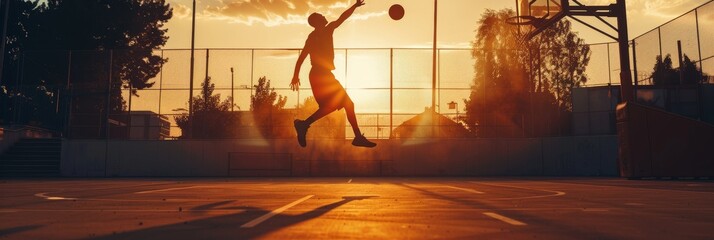Silhouette of a Basketball Player at Sunset - A silhouette of a basketball player in mid-air, against the backdrop of a stunning sunset on a basketball court.