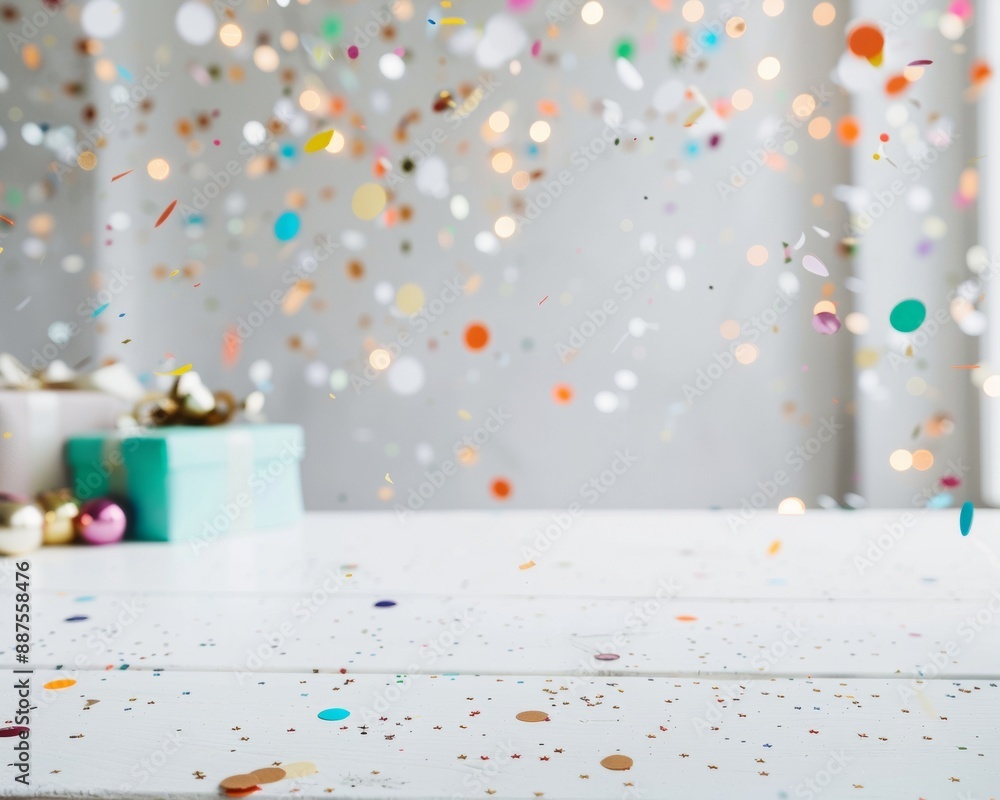 Aufkleber joyful celebration scene with soft white table for product display at daytime, featuring confetti an